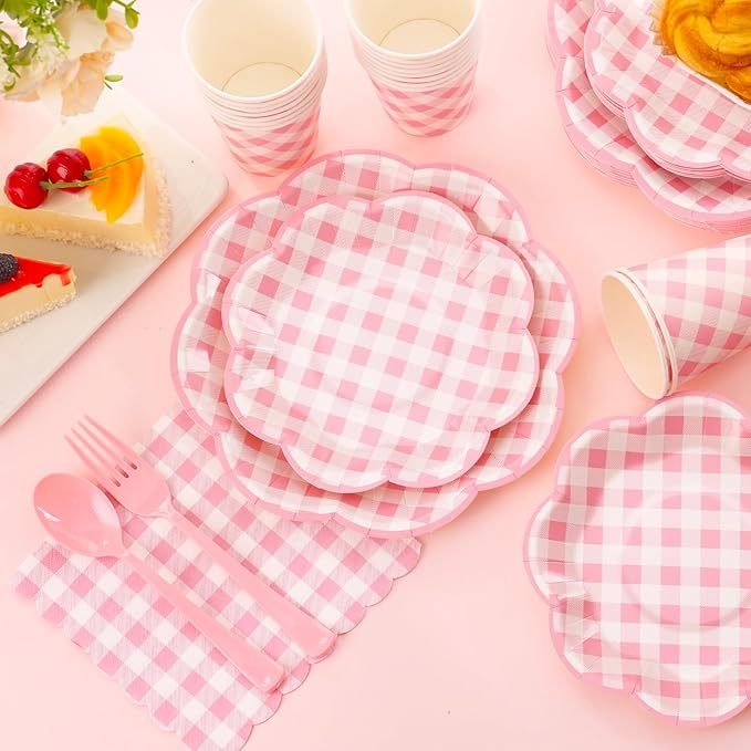 350 Pcs Pink Gingham Plates and Napkins Party Supplies - Pink and White Checkered Plates Sets Serve 50 Guests - Scalloped Gingham Paper Plate for Birthday Wedding Picnic Party Decorations