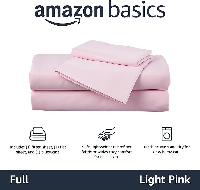 Amazon Basics Kid's Soft Easy-Wash Lightweight Microfiber 4-Piece Sheet Set, Full, Light Pink, Solid