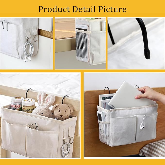 Bedside Caddy Organizer/Bedside Hanging Storage Bag Multi-Function Caddy for Bunk bed Hospital Beds Dorm Bed Rails, Holders Books Glasses Phones Magazine(White)
