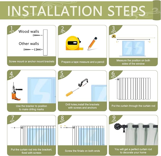 Black Adjustable Curtain Rods for Windows:66-120" Farmhouse Heavy Duty Curtain Rod for Bedroom Living Room,Boho Decorative Rustic Drapery Rods with Vintage Coastal Texture Finial,Matte Black