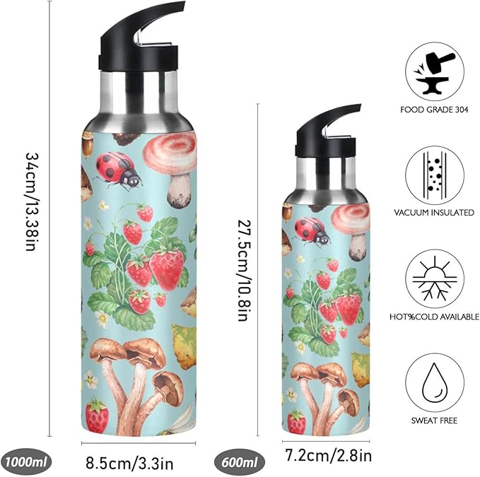 Alaza Summer Ladybug Strawberry Mushroom Water Bottle With Straw Lids Boys Girls,Vacuum Insulated Leakproof Stainless-Steel Sports Bottle Thermal Flask For Gym Yoga Camping,20Oz (600Ml)