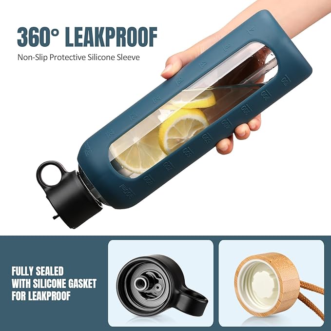 32oz Glass Water Bottle With 2 Lids-Flip Straw Lid, Bamboo Lid, Glass Water Bottle With Silicone Sleeve, Motivational Time Marker, Glass Juice Bottle for Cold Drink,Navy Blue