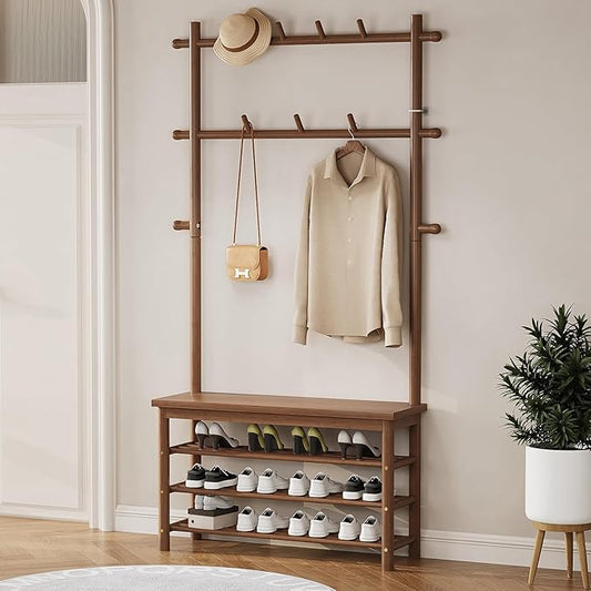 Bamboo Hall Tree with 13 Hook, 6-in-1 Entryway Bench with Coat Rack Freestanding, Coat Rack with Shoe Storage Bench Organizer for Mudroom, Bedroom, All-in-One Shoe Rack,Walnut