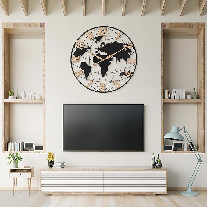 30 Inch Extra Giant Large Wall Clock Oversized,Black Big Metal Modern Decorative Silent World Map Wall Clock with Vintage Gold Arabic Numeral for Office,Living Room,Kitchen,Dining Room Decor