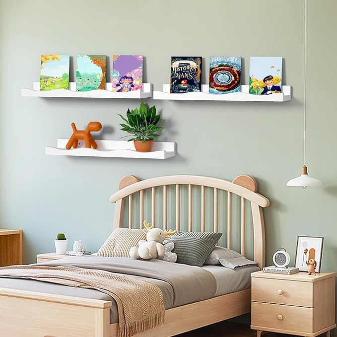 AZSKY Floating Bookshelf for Kids, Picture Ledge Shelf for Wall Decor and Storage 16 Inches Nursery Book Shelves Set 3, Baby Book Shelf for Kids Room Decor(White)