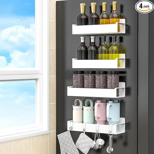 4 Pack Magnetic Spice Rack Organizer for Refrigerator and Oven, White Fridge Organizers and Storage for Kitchen