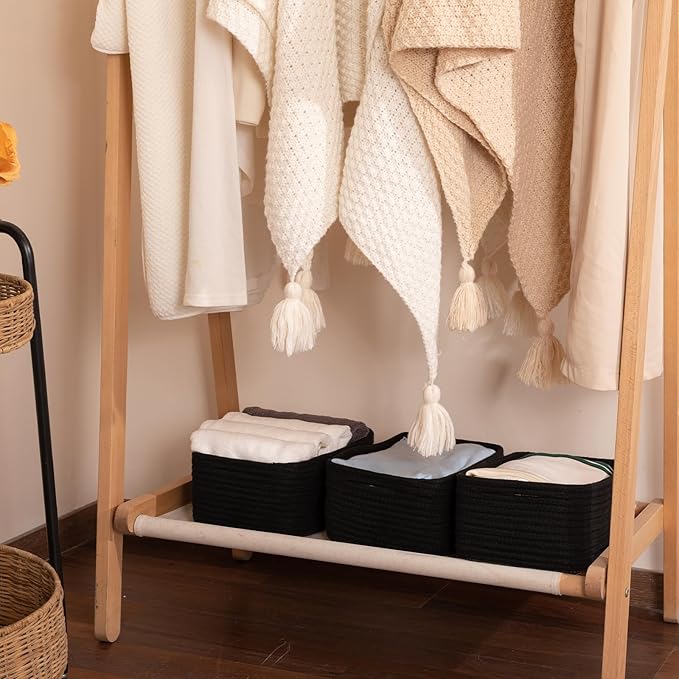 3 Pack Small Storage Baskets for Organizing, Cute Woven Decorative Gift Baskets for Shelves, Mini Closet Organizer Bins with Handles, 11.81''Lx7.87''Wx4.72''H-Black