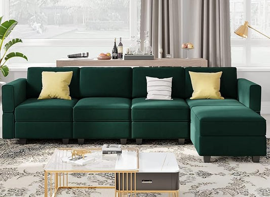 Belffin Modular Sectional Sofa Couch with Reversible Chaise - Velvet L Shaped Couch with Storage, 4-seat Convertible Green.…