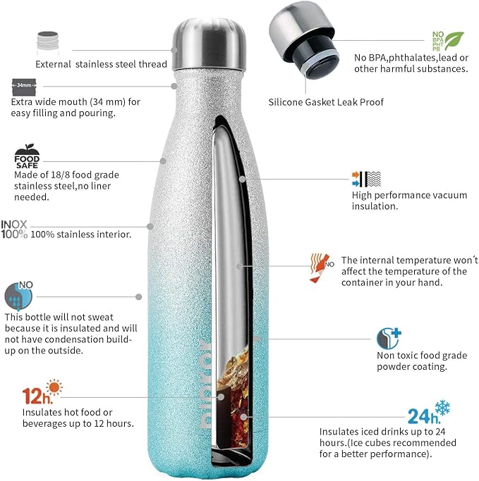 BJPKPK Insulated Water Bottles -17oz/500ml -Stainless Steel Water Bottles,Sports Water Bottles Keep Cold for 24 Hours and Hot for 12 Hours,BPA Free Water Bottle,Glitter Silver Blue