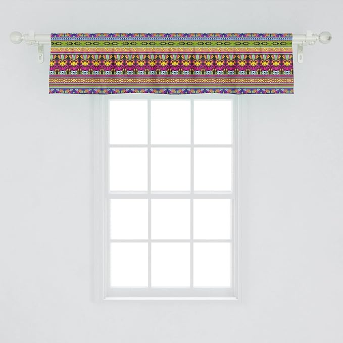 Ambesonne Prehistoric Window Valance, Aztec Culture Pattern Borders Ornate Tribal Animal Print, Curtain Valance for Kitchen Bedroom Decor with Rod Pocket, 54" X 12", Green Fuschia