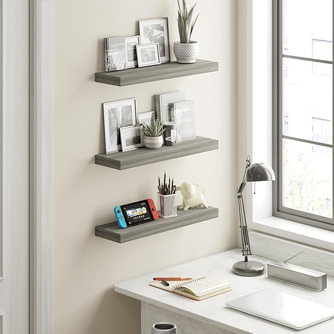 BAMEOS Floating Shelf,Wall Shelf,Decor Wall Mounted Shelves,Hanging Shelf Set of 3,L24xW6 for Bathroom Kitchen Living,Kitchen,Room Bedroom Storage,Walnut