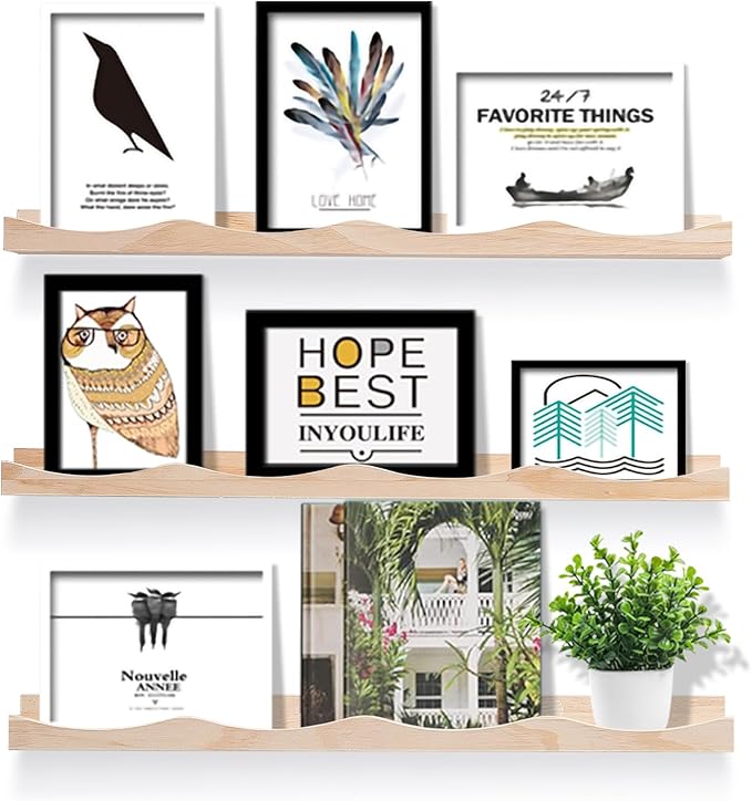 AZSKY Nursery Book Shelves for Kids, Picture Ledge Shelf for Wall Decor and Storage, Floating Photo Shelves with Lip for Picture Frames (Natural Wood, 23.6 Inches Set 3)