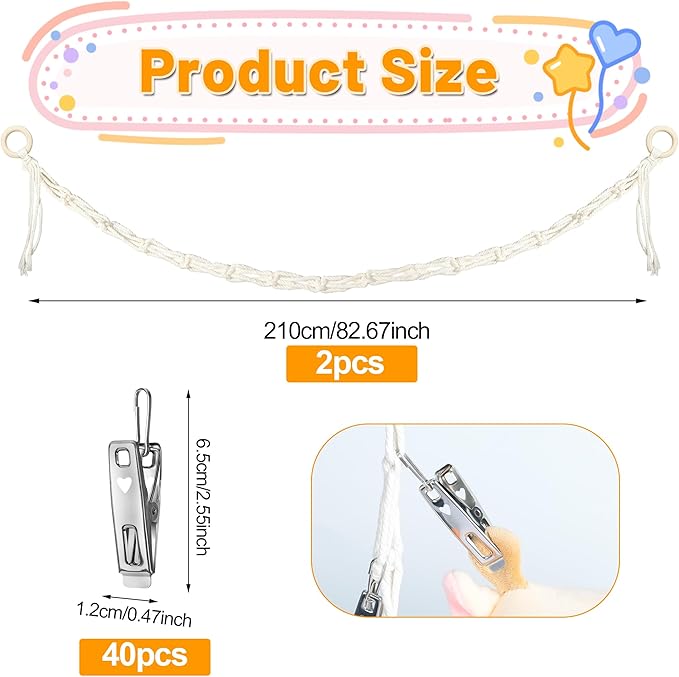 2pcs Stuffed Animal Storage Chain - Boho Stuffed Animal Hammock with 40pcs Metal Clips, Stuff Animal Organizer Hanging Storage for Kids Bedroom Wall Door Display