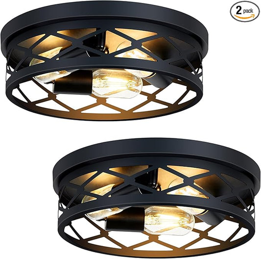 2 Pack Flush Mount Ceiling Light Fixture, Black, for Hallway, Kitchen, Farmhouse, Bedroom (13 x 13 x 3.93 inches, 2400 lumens, Dimmable, 2 Count)