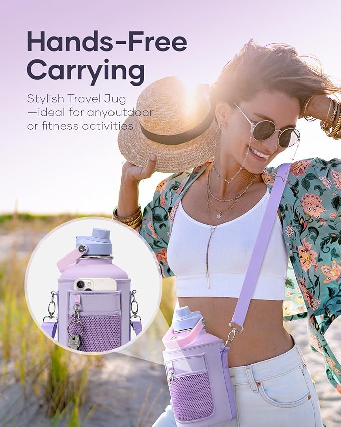 BUZIO 64oz Insulated Water Bottle, Half Gallon Water Jug Stainless Steel with Straw Lid and Carrying Pouch, Keep Cold 48h Lead-Free Double Wall Vacuum Thermo Metal Canteen for Gym Camping, Purple