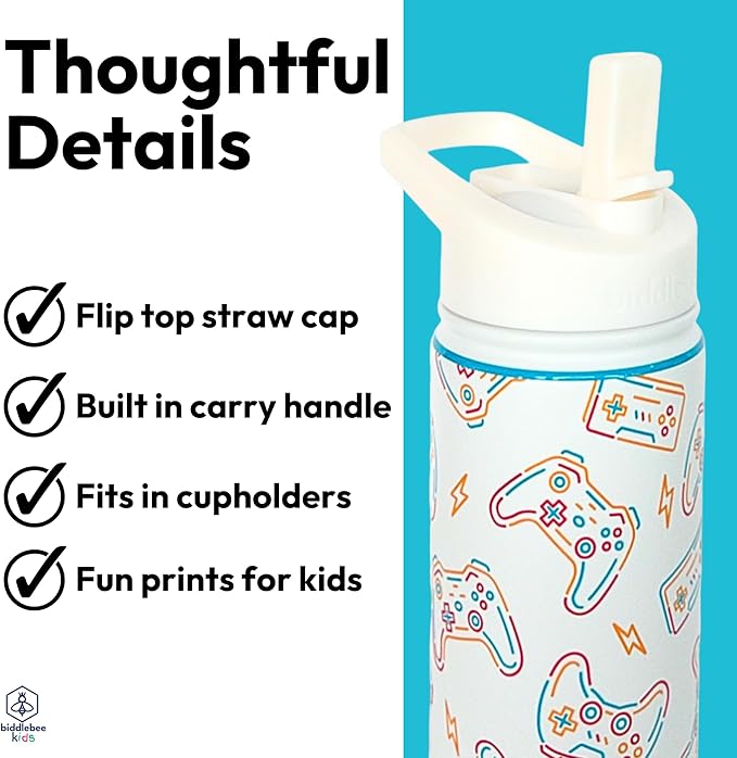 Biddlebee Kids Water Bottle with Straw Lid | 14oz Insulated Stainless Steel Reusable Bottles for School | Leak Proof Cap with Handle & Touch Free Spout | Great for Boys & Girls (Cool Gamer)