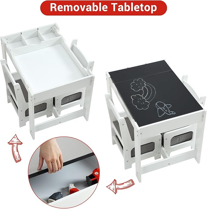 4-in-1 Kids Activity Table Set, Kids Table and Chair Set with/Storage, Removable Tabletop, Chalkboard, 3-Piece Toddler Furniture Set for Art, Crafts, Drawing, Reading, Playroom