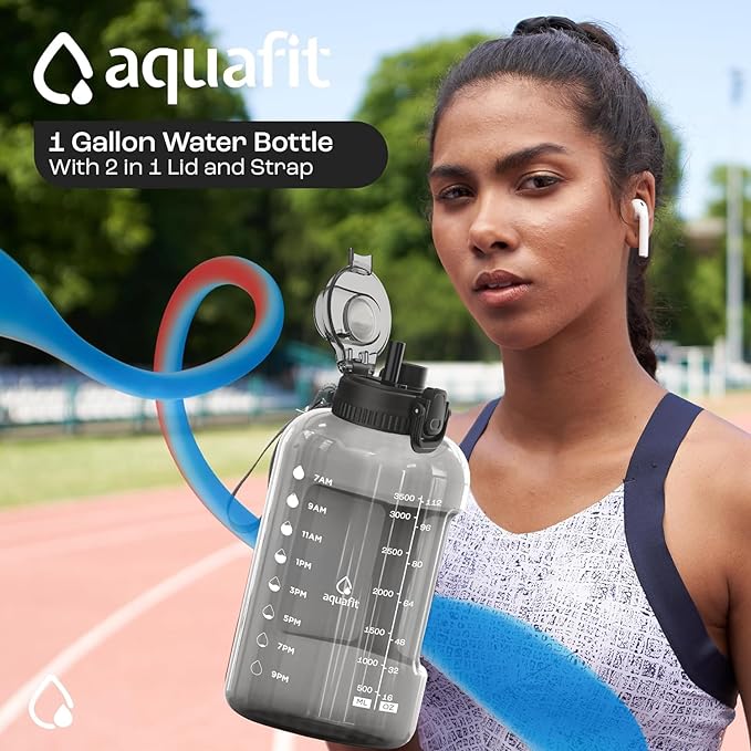AQUAFIT 1 Gallon Water Bottle with Time Marker - BPA Free 128 oz Water Bottle with Straw, Gym Water Bottle with Handle, 1 Gallon Water Jug, Big Water Bottle, Large Water Bottle (Serenity)