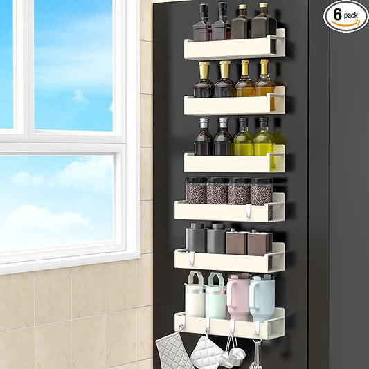 6 Pack Magnetic Spice Rack Organizer for Refrigerator and Oven, Cream White Fridge Organizers and Storage for Kitchen