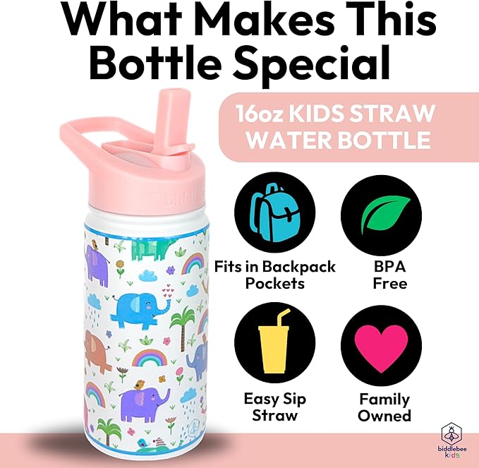 Biddlebee Kids Water Bottle with Straw Lid | 14oz Insulated Stainless Steel Reusable Bottles for School | Leak Proof Cap with Handle & Touch Free Spout | Great for Boys & Girls (Elephants)