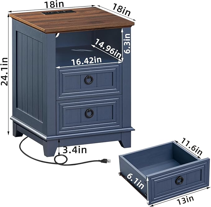 18" Farmhouse Night Stand with Charging Station, 2 Drawers End Table Dresser for Bedroom, Blue Wooden Nightstand, Bed Side Table with Open Shelf, Bedside Cabinet for Living Room, Closet