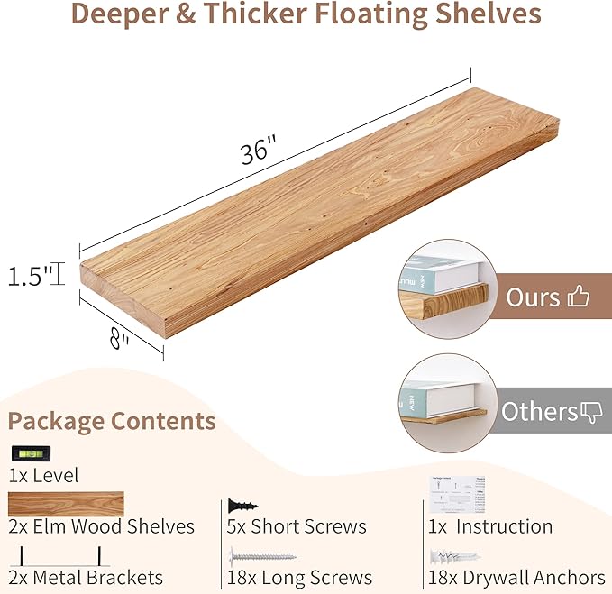 Axeman Floating Shelves for Wall, 8 Inch Deep Rustic Solid Elm Wood Wall Shelves for Storage, Wall Mounted Display Shelving with Invisible Heavy-Duty Metal Bracket, 36'' Width Set of 2, Natural