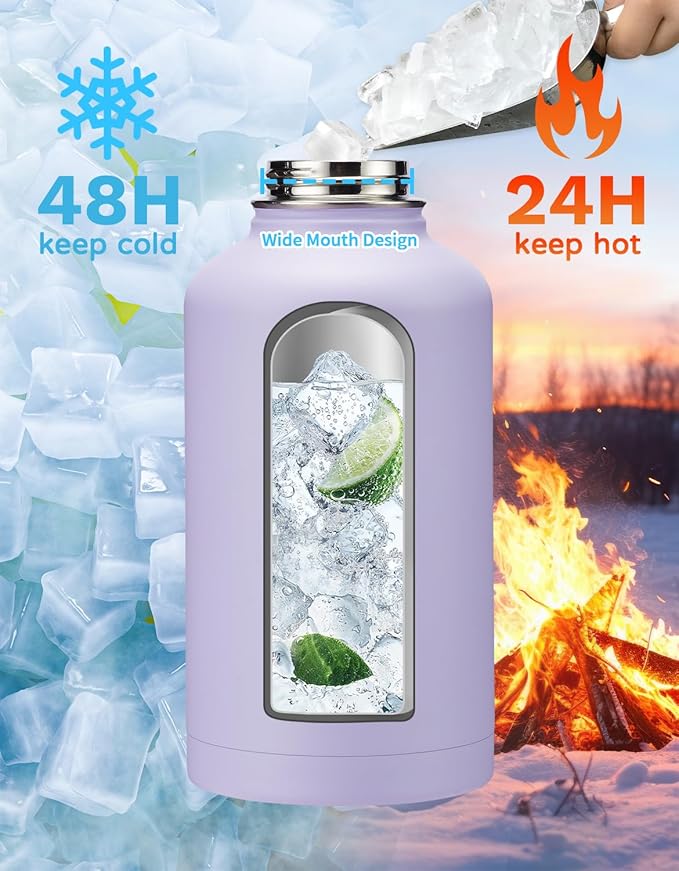 64 oz Water Bottle Insulated - Keep Cold 48H & Hot 24H, Half Gallon Water Jug with Paracord Handle, Straw Spout Lids, Stainless Steel Flask Canteen, Large Water Bottle for Women Men Work Sport