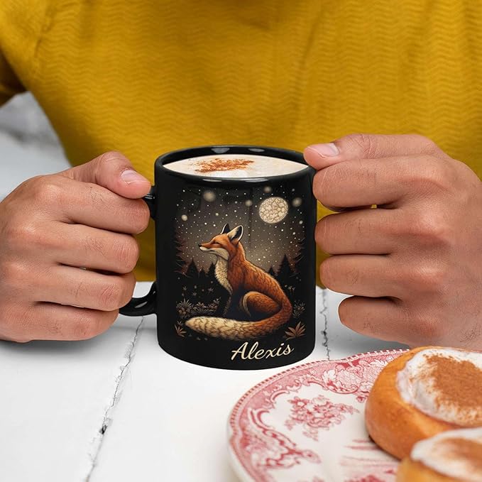 Animal Lover Mug with Custom Name, Nature Inspired Coffee Mug 11oz or 15oz, Personalized Cute Fox Ceramic Cup, Unique Animal Art Black Coffee Cup, Gifts for Friends, Family