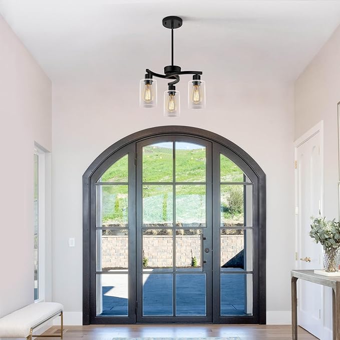 3-Light Modern Farmhouse Black Pendant Lights Kitchen Island, Adjustable Height Contemporary Chandeliers for Dining Room Light Fixture Hanging, Clear Glass Shade