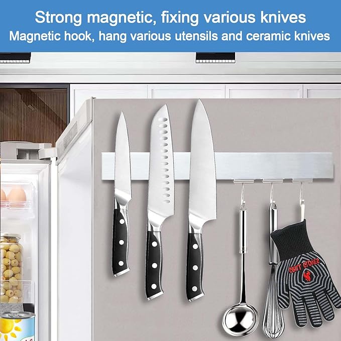 14 Inch Magnetic Knife Holder for Refrigerator - Knife Magnetic Strip for Fridge with Magnetic Hooks - Double Sided Magnetic Knife Bar - Stainless Steel Kitchen Magnetic Knife Hanger Rack