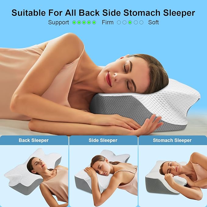 Anvo Ergonomic Pillows for Pain Relief Sleeping - Cervical Pillow for Neck Pain Relief - Memory Foam Pillows for Neck and Shoulder Pain - Neck Pillow for Side Back & Stomach Sleeper - Ivory Soft