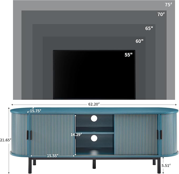 62" Tambour Door TV Stand,Wood Mid Century Modern TV Cabinet for Up to 75“ TV,Curved Edge Long TV Stand with Storage for Bedroom Living Room(62.2inch,Blue)
