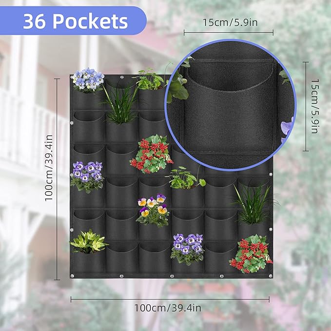 36 Pockets Hanging Planter Bags, Hanging Vertical Wall Mounted Plant Planting Grow Bags, Herb Garden Planter Outdoor Indoor Growing Bag, Gardening Vertical Greening Flower Container(1m×1m, Black)