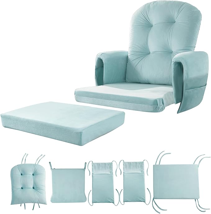 5 PCS Velvet Glider Rocker Replacement Cushions with Side Storage Pocket, Thickened & Supportive Cushions Set for Indoor Nursery Rocking Chair, Blue