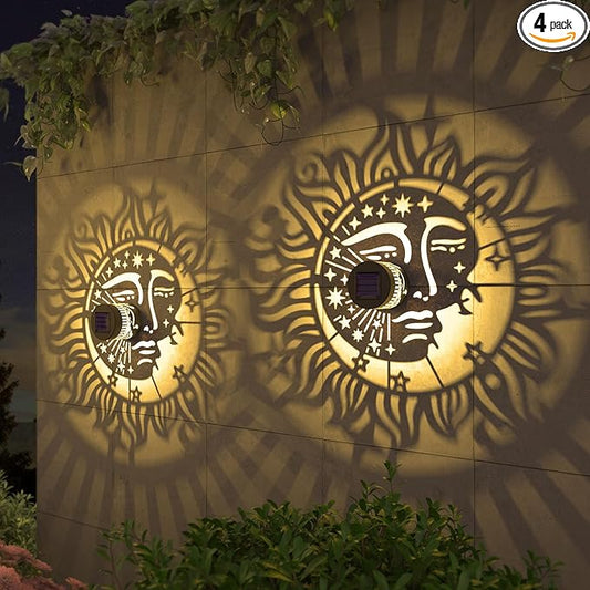 4 Pack Solar Fence Lights Metal Solar Powered Outdoor Wall Deck Step Lights Sun Moon Theme Waterproof Fence Light for Garden Post Patio Backyard Yard Decor, Gardening Gifts for Women Mom Grandma