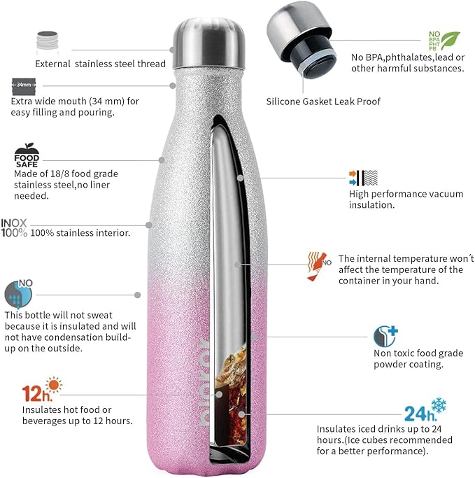 BJPKPK Insulated Water Bottles -17oz/500ml -Stainless Steel Water Bottles,Sports Water Bottles Keep Cold for 24 Hours and Hot for 12 Hours,BPA Free Water Bottle,Glitter Silver Pink