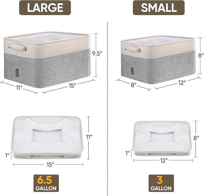BALEINE 3 Pack Fabric Storage Bins for Shelves, Linen Storage Baskets for Organizing, Decorative Closet Bins for Clothes, Home (Grey, 12"x8"x8")