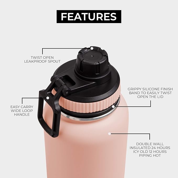 BOZ Stainless Steel Water Bottle - Vaccum Insulated Water Bottle 32 Oz - Wide Mouth BPA Free Sport Water Bottle for Gym with Spout Lid - Thermal Hot & Cold 1 Litre Pink Water Bottle