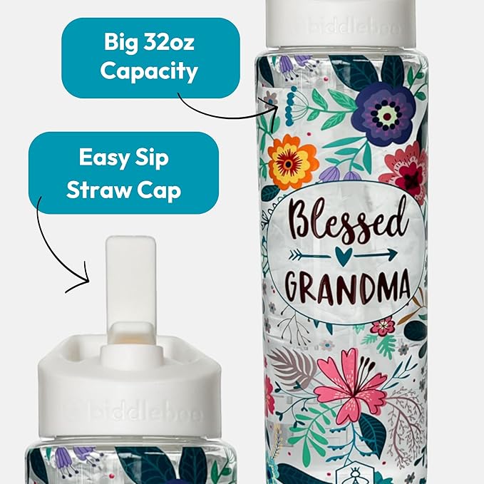 Biddlebee 32oz. Hydration Tracker Water Bottles with Times To Drink | Big Motivational Water Bottle with Time Marker, Straw Lid, & Measurements | BPA-Free (Blessed Grandma)