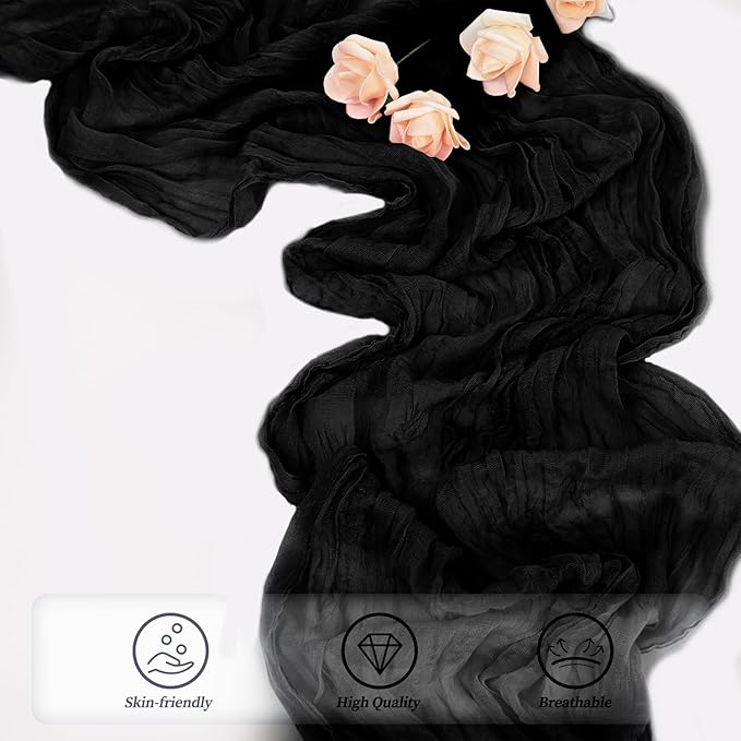 10FT 12 Pack Black Cheesecloth Table Runner 20 x 120 Inch Long Boho Fabric Rustic Cheese Cloth Table Runner for Wedding Bridal Shower Baby Shower Gauze Sheer Birthday Party Table Decorations