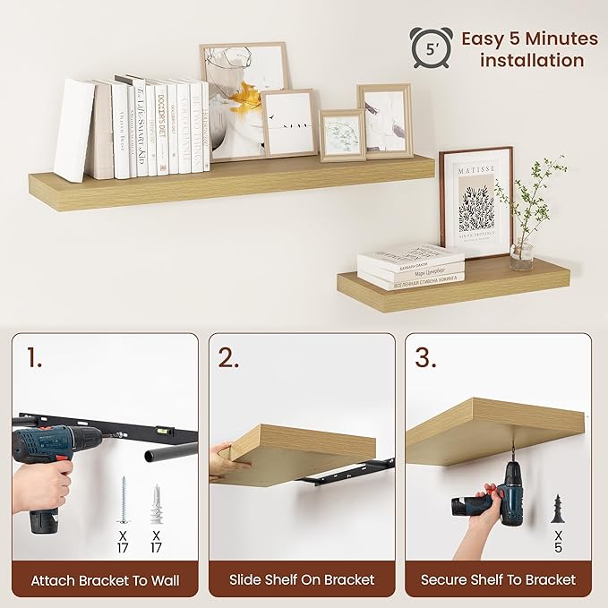 12 Inch Deep Floating Shelves 24 inch Long, 24 x 12 Wide Wall Shelves with Invisible Brackets, Heavy Duty Shelf for Bedroom Bathroom Living Room Kitchen Office Home Decor, Modern Shelf Set of 2, Oak