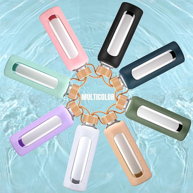 24oz Glass Water Bottle With 2 Lids-Flip Straw Lid, Bamboo Lid, Glass Water Bottle With Silicone Sleeve, Motivational Time Marker, Glass Juice Bottle for Cold Drink,Black