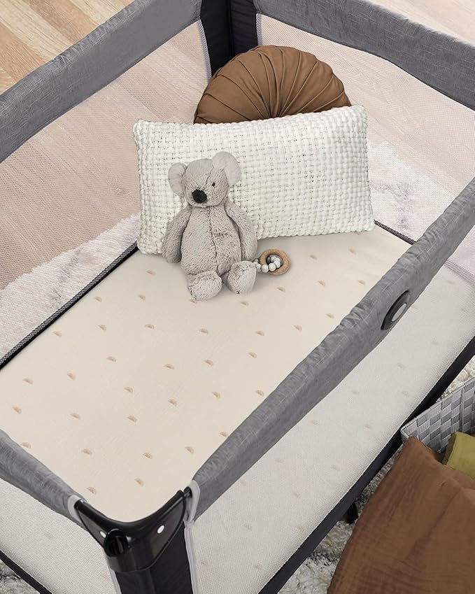 Blissful Diary Muslin Mini Crib Sheets, Pack and Play Mattress Sheets Fitted for Pack N Play, Soft Cotton for Boys Girls, 2 Pack(Sunshine&Brown)