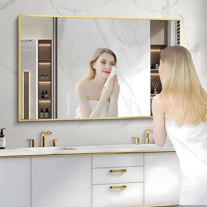 36x55inch Bathroom Mirror, Gold Rectangle Mirror with Thin Metal Frame, Large Rectangular Wall Mirror for Bathroom, Living Room, Hair Salon, Big Farmhouse Mirror Hang Horizontal/Vertical