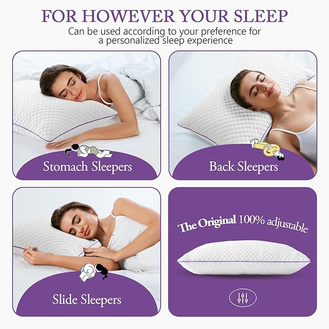 BPC Cooling Shredded Memory Foam Pillow Queen Size - Adjustable Medium Firm Pillow with Removable Cover Bed Pillows for Sleeping Side Stomach and Back Sleepers, CertiPUR-US