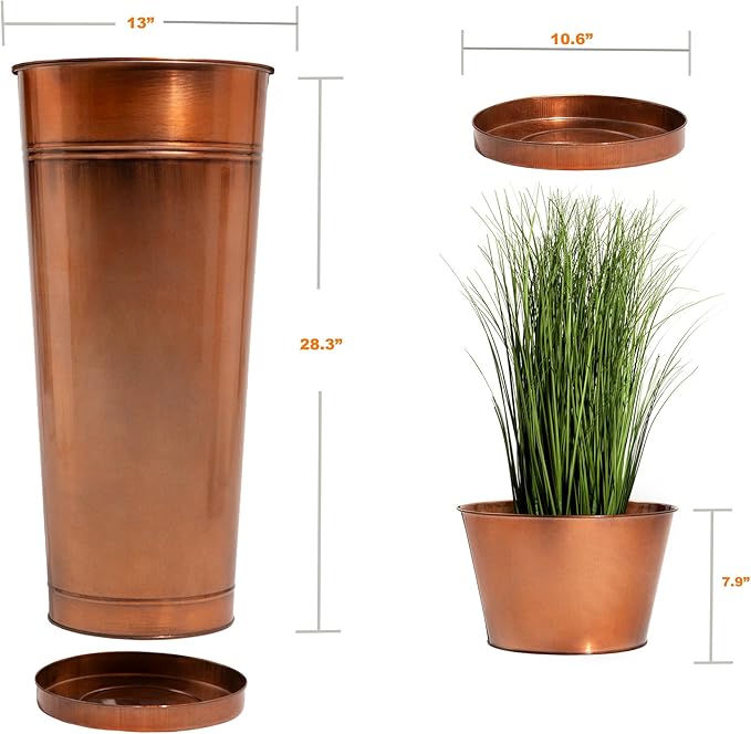 28in Tall Antique Copper Metal Vintage Planter Set of 2,Galvanized Steel Planter Pots for porches/Indoor/Outdoor/terraces Patio- Copper Color(2planters,2inner pots with Holes, 2trays)