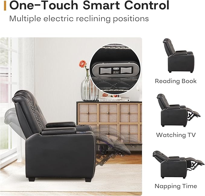 ANJ Power Theater Recliners Set of 3, Electric Home Theater Seating, Black Faux Leather Recliner with Adjustable Headrest, Movie Recliner Theater Chairs with LED,USB, Cup Holders, Hidden Arm Storage
