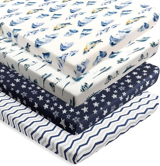 4 Pack Fitted Pack N Play Sheets for Baby Boys Neutral Unisex Breathable Soft Toddler Mini Crib Sheets for Pack and Play Mattress (Mountain)