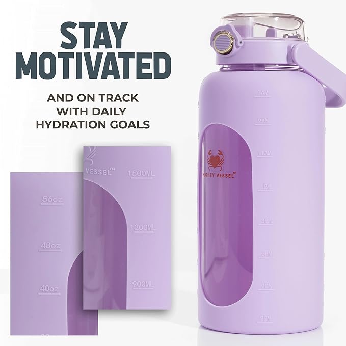 64oz Glass Water Bottle | Lavender Water Bottle with Straw & Time Marker | Half Gallon Water Bottle with Measurements & Silicone Sleeve | Suitable for Travel, Gym, & Daily Intake