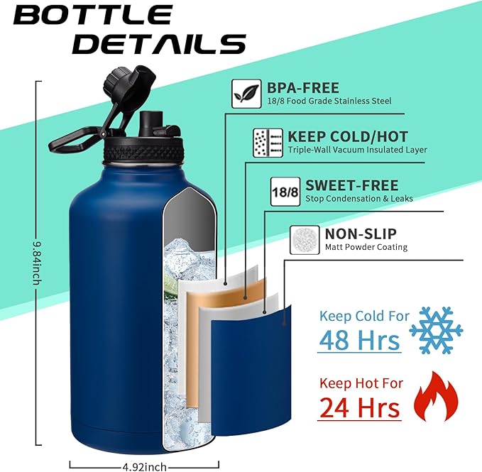 64OZ Insulated Water-Bottles with Straw - Spout Lid, Stainless Steel Metal Water Jug Keep Cold 48h/Hot 24h, Half Gallon Water Bottle w/ Paracord Handle & Carry Sleeve Strap for Hiking Camping Sport